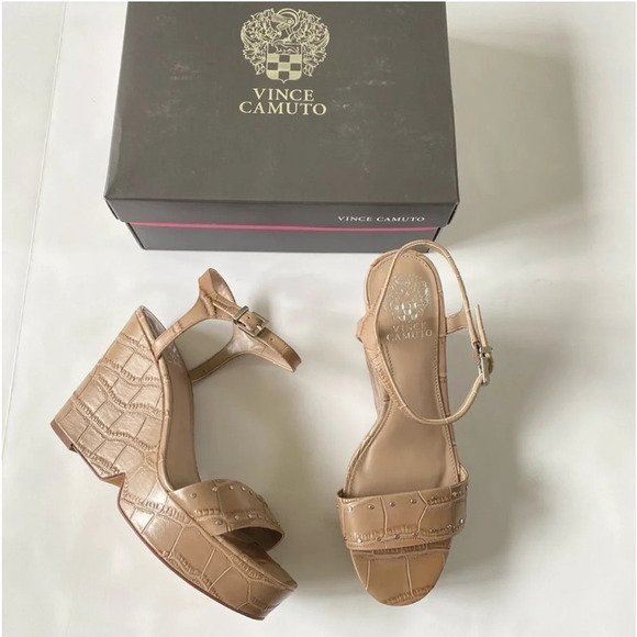 New Vince Camuto Celvina Platform Wedge Crepe Croc Leather Sandals Size 9.5 - Picture 4 of 15
